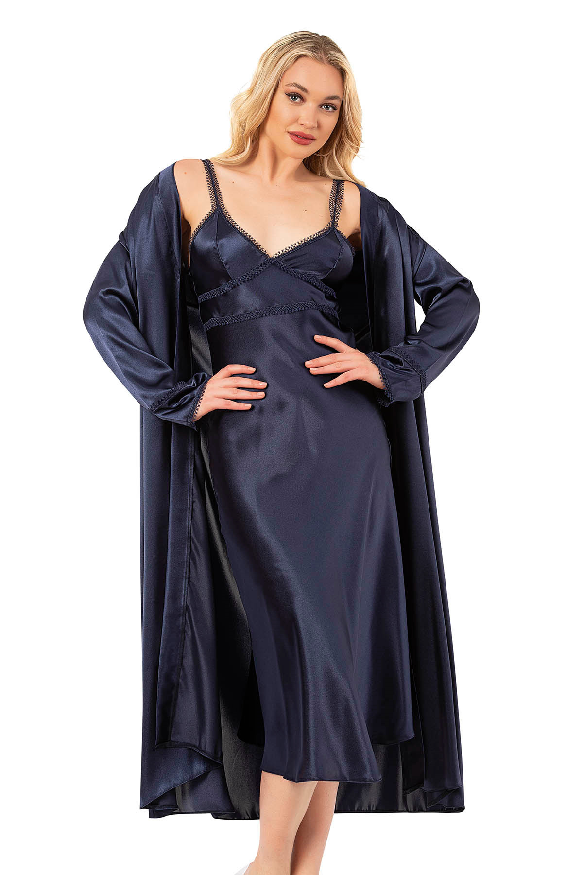Kompedan Kadın Saten Dantel Detaylı Midi Gecelik Sabahlık Takım | Lacivert 7833