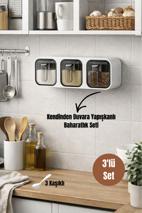 Dory 3'Lü Kendinden Duvara Yapışkanlı Kaşıklı Baharatlık Takımı - Kapaklı Bah...