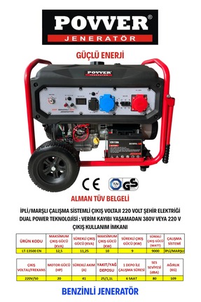 POWER LT13500EN 12,5 Kva İPLİ MARŞLI BENZİNLİ JENERATÖR (DUAL TEKNOLOJİSİ)