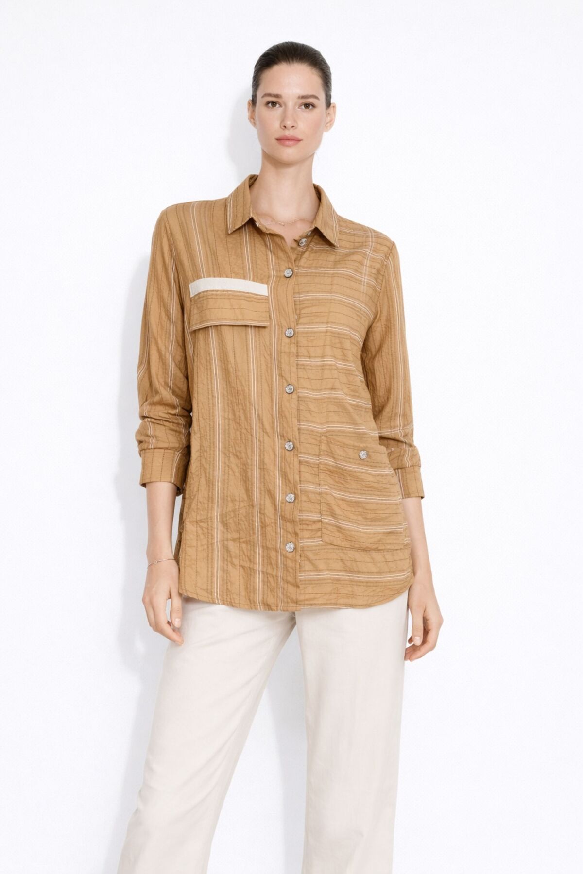 Thin Striped Camel Pocket Tunic Shirt