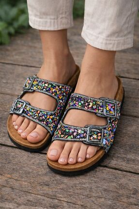 ARONA Pien Taşlı Çift Tokalı Ayarlanabilir Kadın Terlik- Ortopedik Taban Şık ...