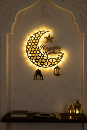 Wooden Factory LED Lİ Hoşgeldin Ramazan Aynalı Pleksi Duvar Süsü, Hilal Desen...