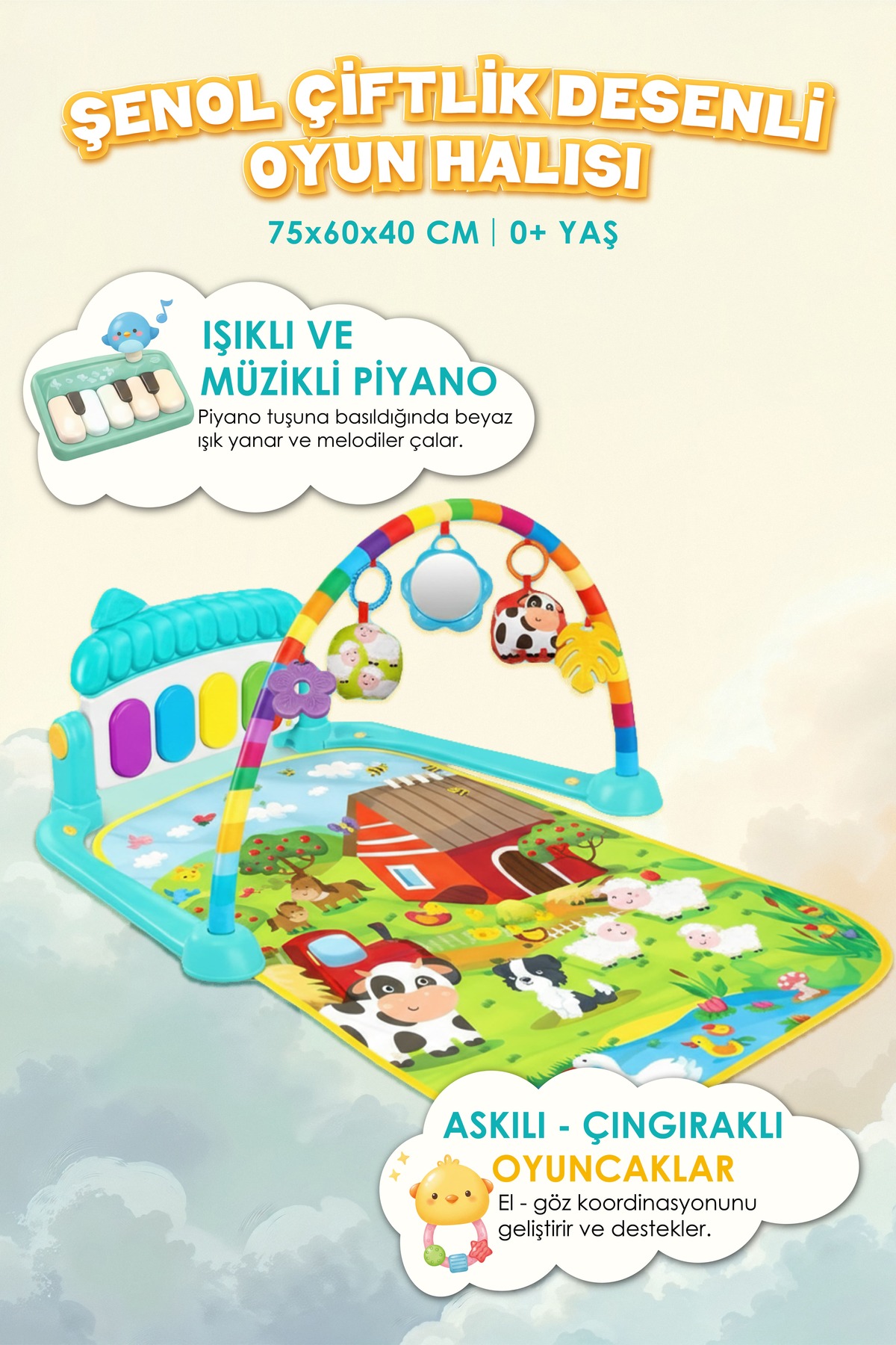 Farm Patterned Baby Play Rug with Piano - Activity Rug with Educational Music (0-24 Months)