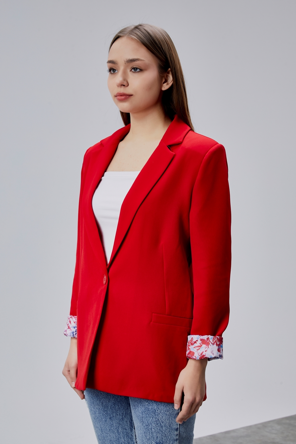 Bolivente  Kırmızı Kruvaze Yaka Kolu Katlama Detaylı Regular Vatkalı Blazer Ceket - Görsel 2