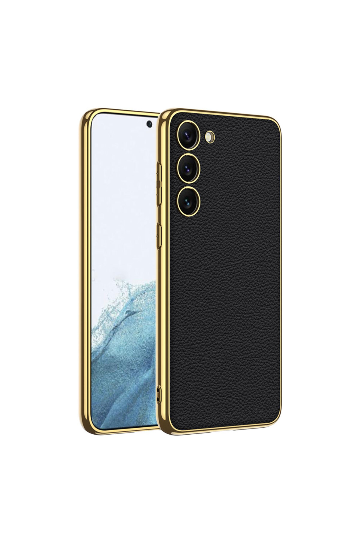 Galaxy S23 Uyumlu Deri Görünümlü Kenarları Elektroplating Kaplama BSAY Fizyon Kılıf-Siyah