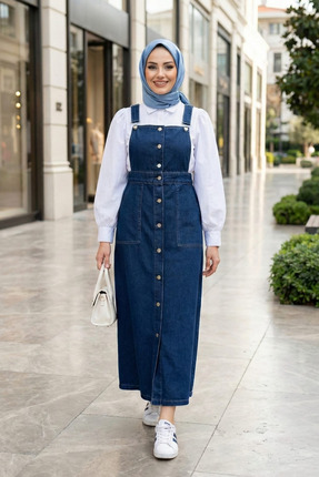 Hb Harma Time Butik Kadın Ayarlanabilir Askılı Düğmeli Cepli Lacivert Kot Sal...