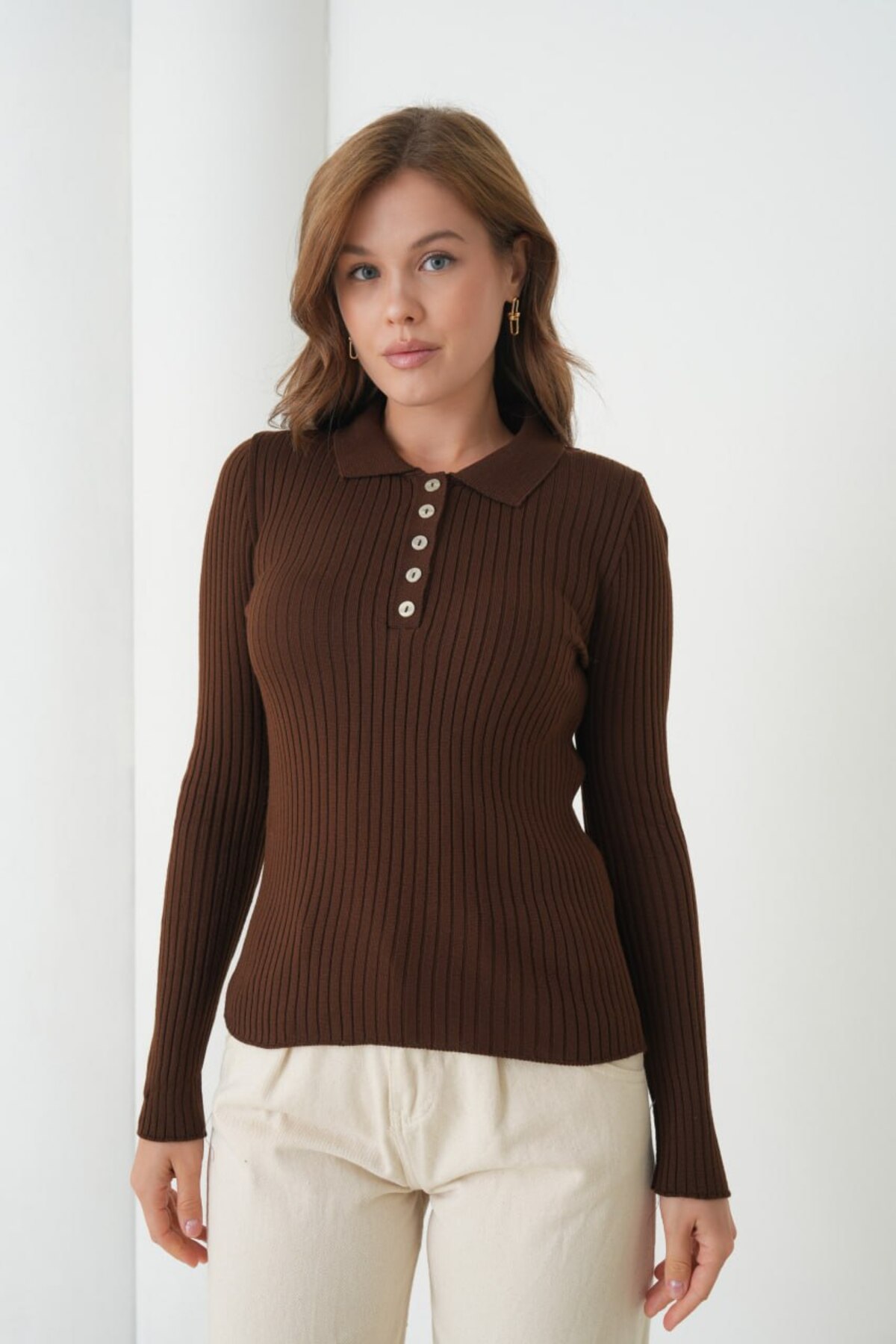 Arbucky Women's Shirt Collar Buttoned Ribbed Slim Knit Sweater