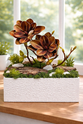 Derin Düşler El Yapımı Masaüstü Ahşap Saksılı Dekoratif Çiçek Manolya Hediyel...