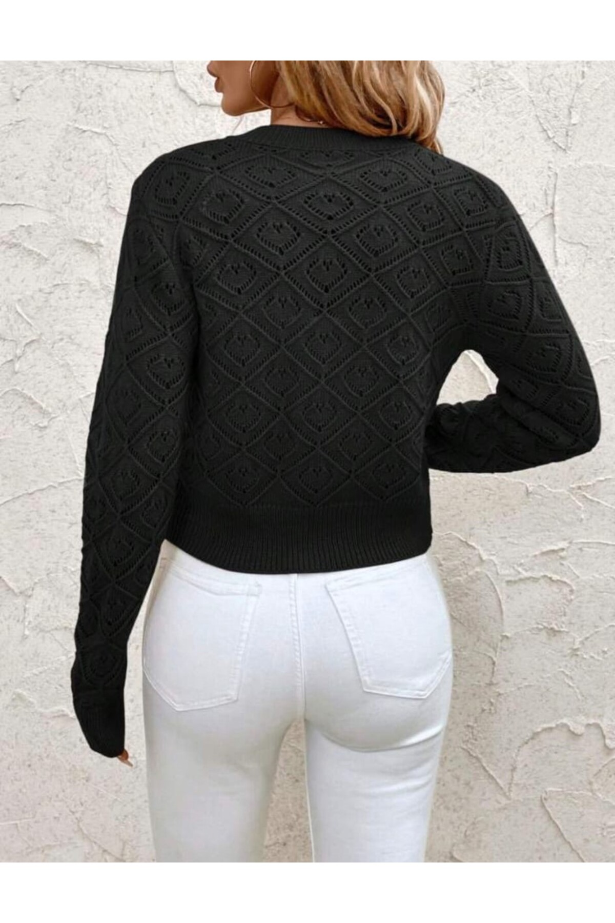 Gülçin Coşkun  Baklava Desen Düğmeli Ajurlu Bisiklet Yaka Ara Boy %100 Pamuk Kadın Triko Hırka - Görsel 3