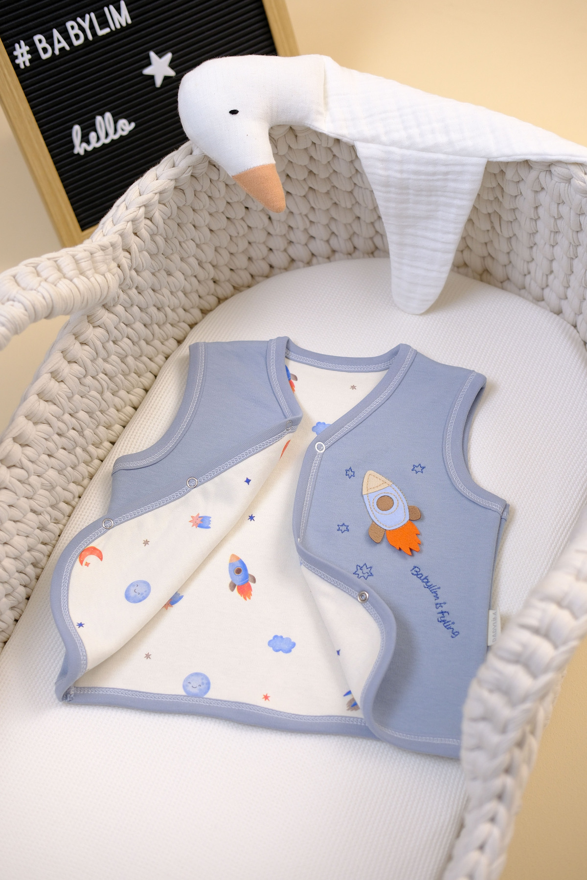 BABYLİM Uzay Aplikeli Astarlı Yenidoğan Yelek %100PAMUK- Erkek Bebek fotoğrafı 2 (önizleme)