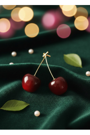 Marka Matenon Design – Gold Detaylı Realistik İkili Kiraz Küpe – Zarif ve Tre...