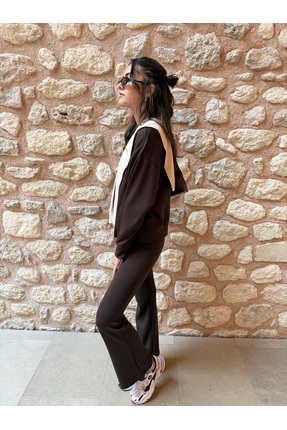 olleo studio Kadın Kahverengi Yumuşak Tuşe Modal Kumaş İspanyol Paça Eşofman ...