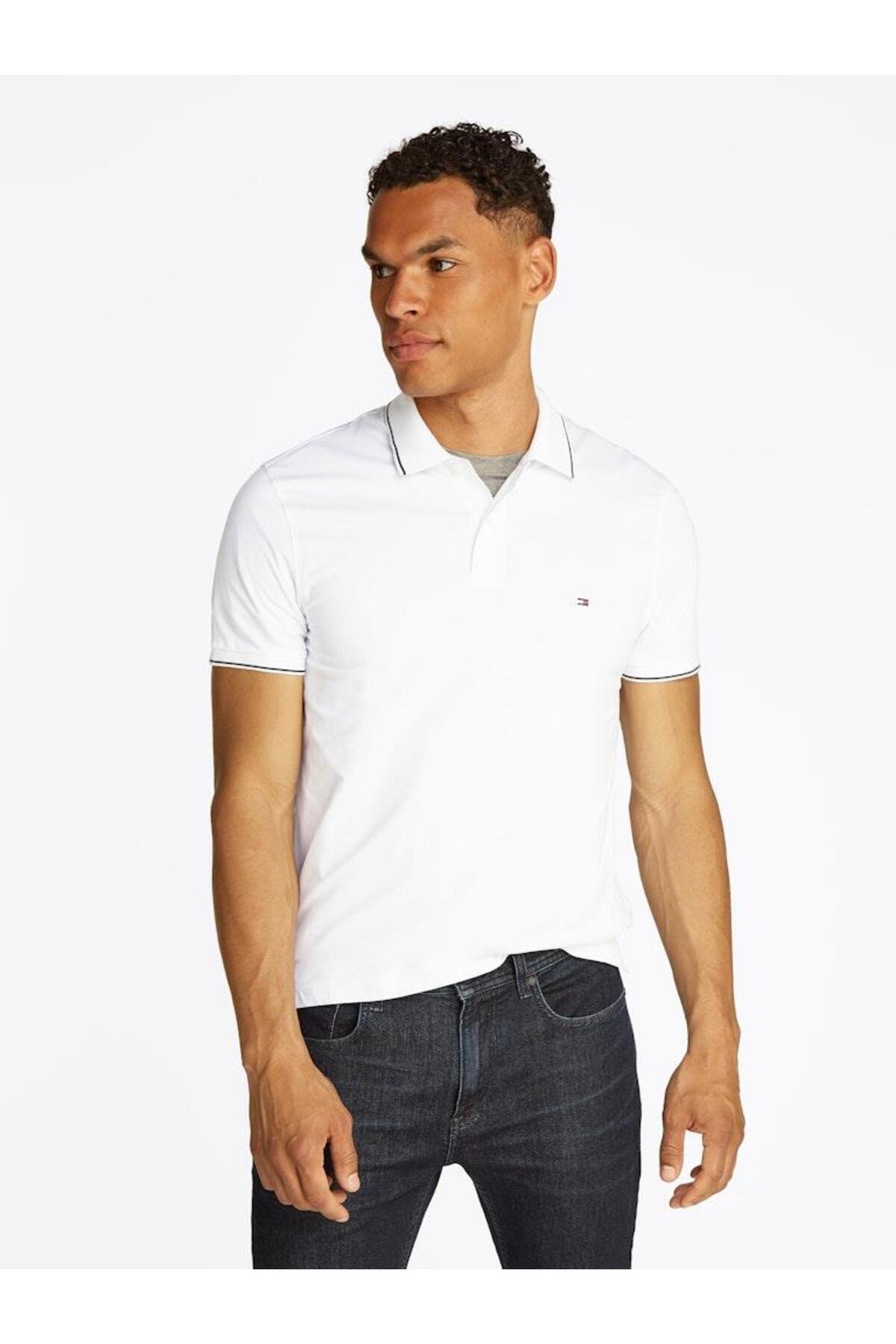 تامی هیلفیگر پولو شرت مردانه سفید با گلدوزی پرچم تامی هیلفیگر روی سینه MW0MW37310-YBR