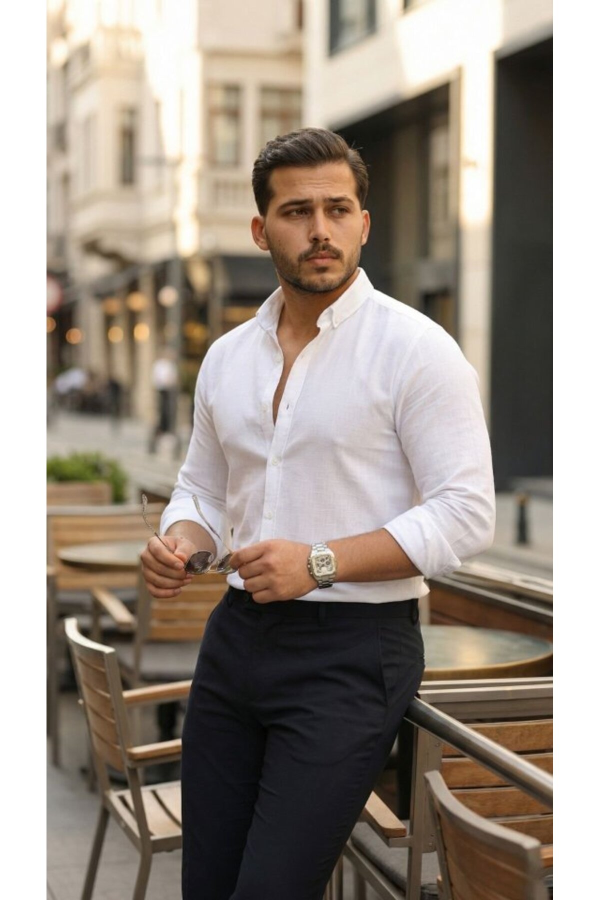 GETFAY Erkek Uzun Kollu Rahat Keten Gömlek-Beyaz fotoğrafı 3 (önizleme)