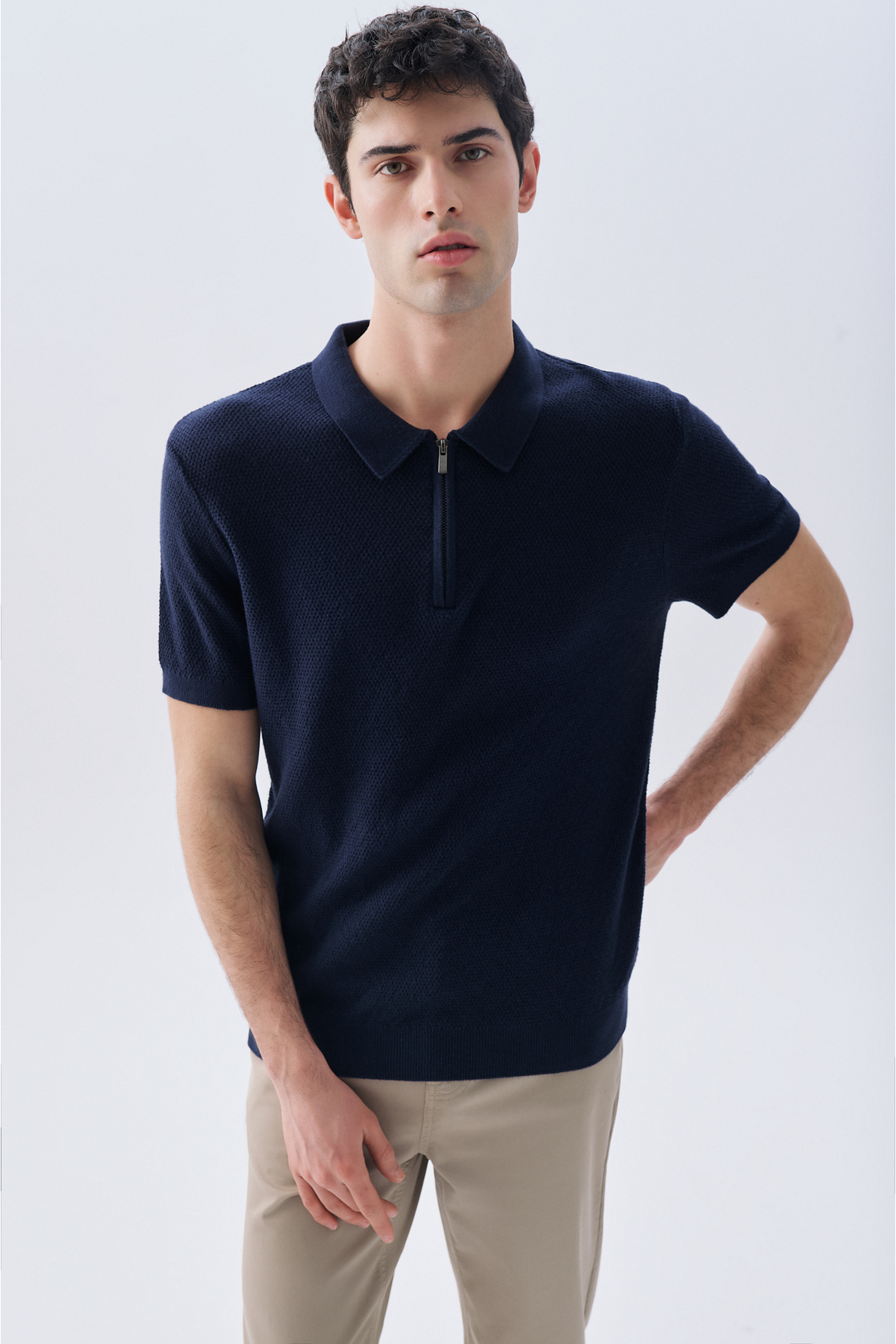 Mudo Men's Navy Blue Mulineli Zippered Polo Collar Sweater