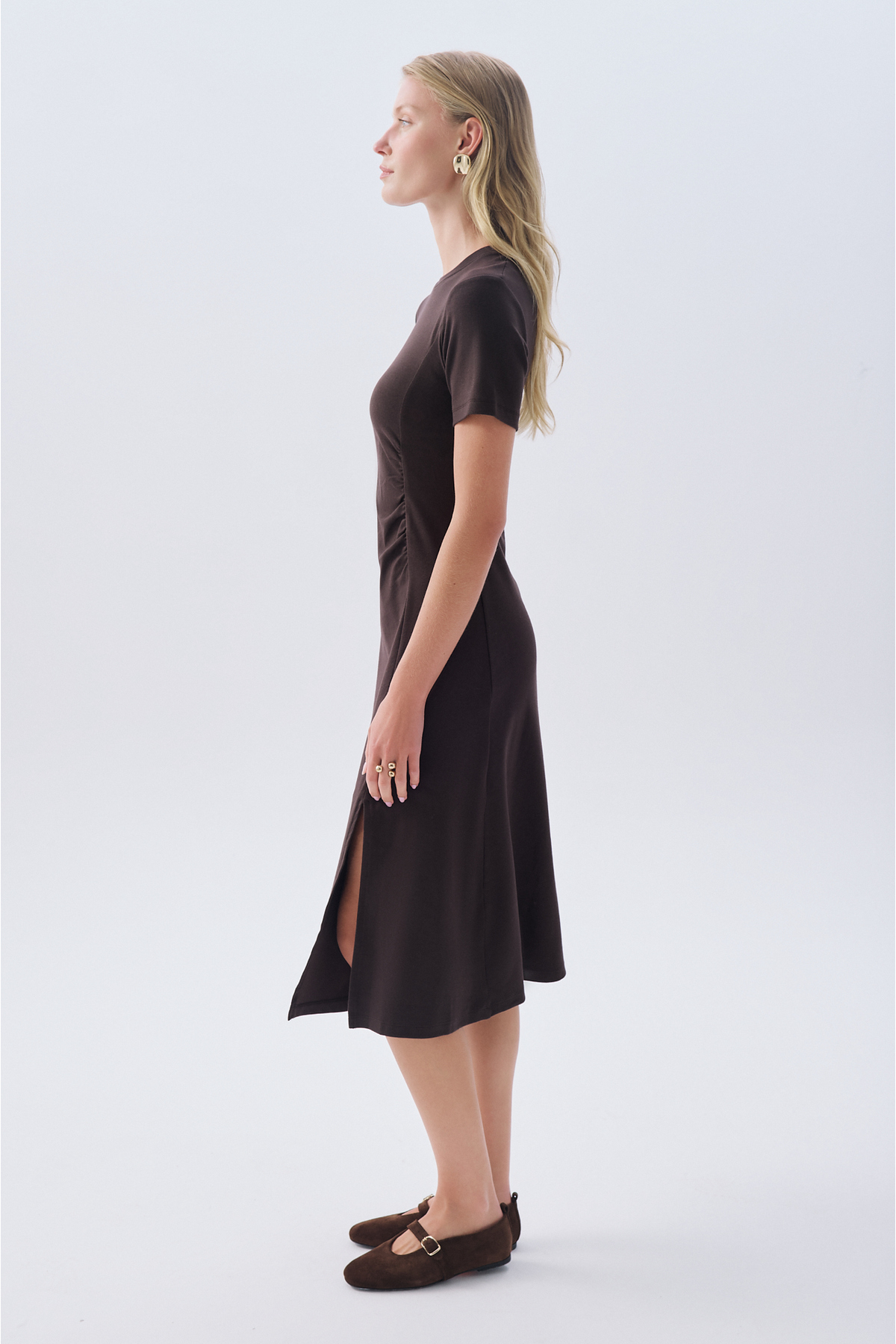 Mudo  FITTED BÜZGÜLÜ YIRTMAÇLI MİDİ ELBİSE - Görsel 3