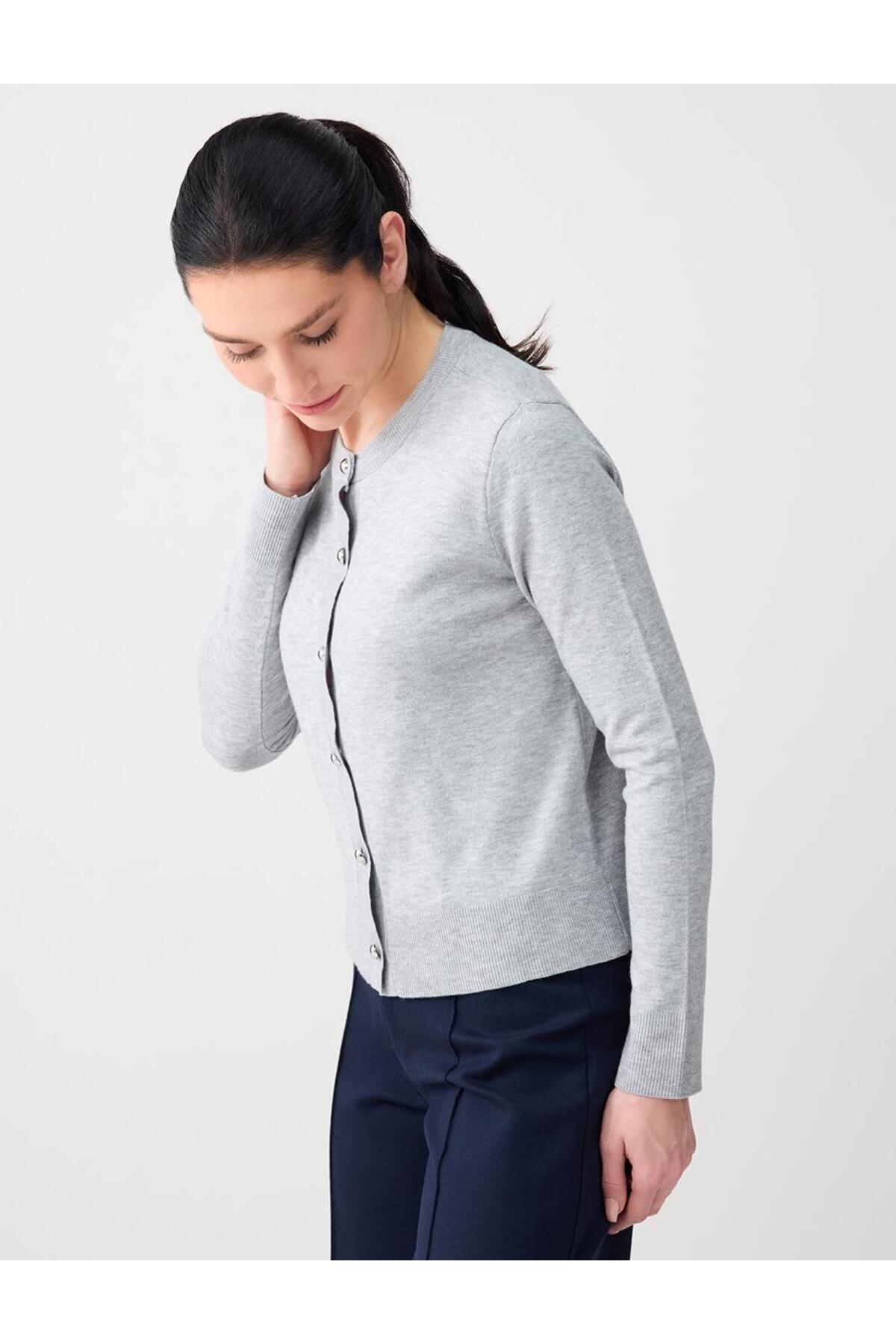 Jimmy Key  Grı Yuvarlak Yaka Uzun Kollu Düğme Detaylı Triko Hırka - Görsel 4