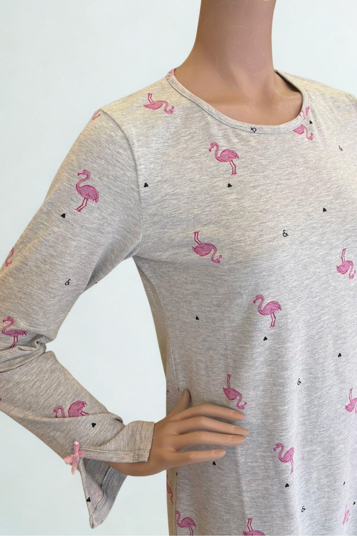 Villager&Son Vs Desenli O Yaka Penye U.kol Gecelik 26k Evm Gri Flamingo