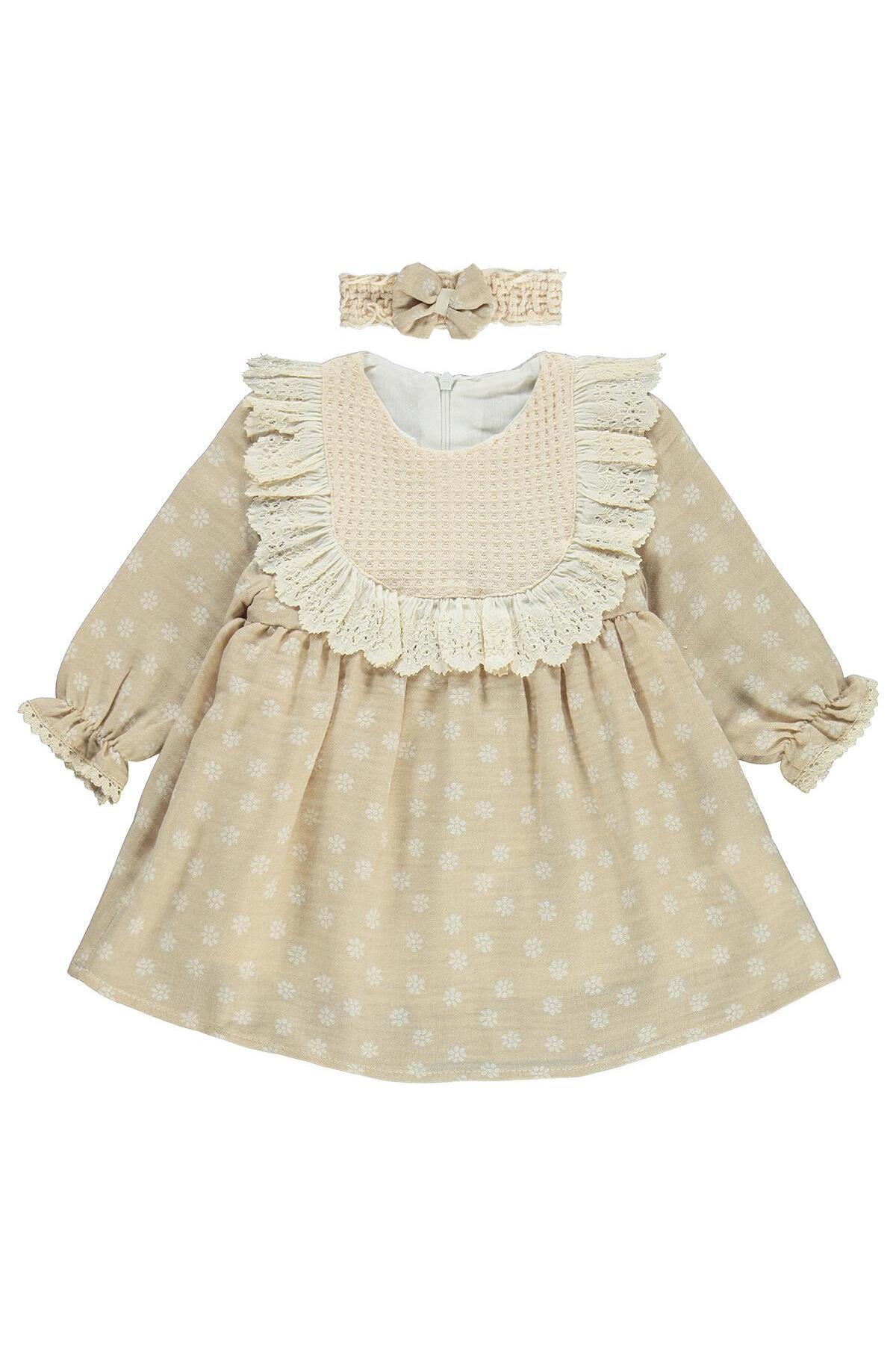 Kumru  Lüks Roba Fistolu Bandanalı 6-18 Ay Elbise - Bej 6-9 Ay