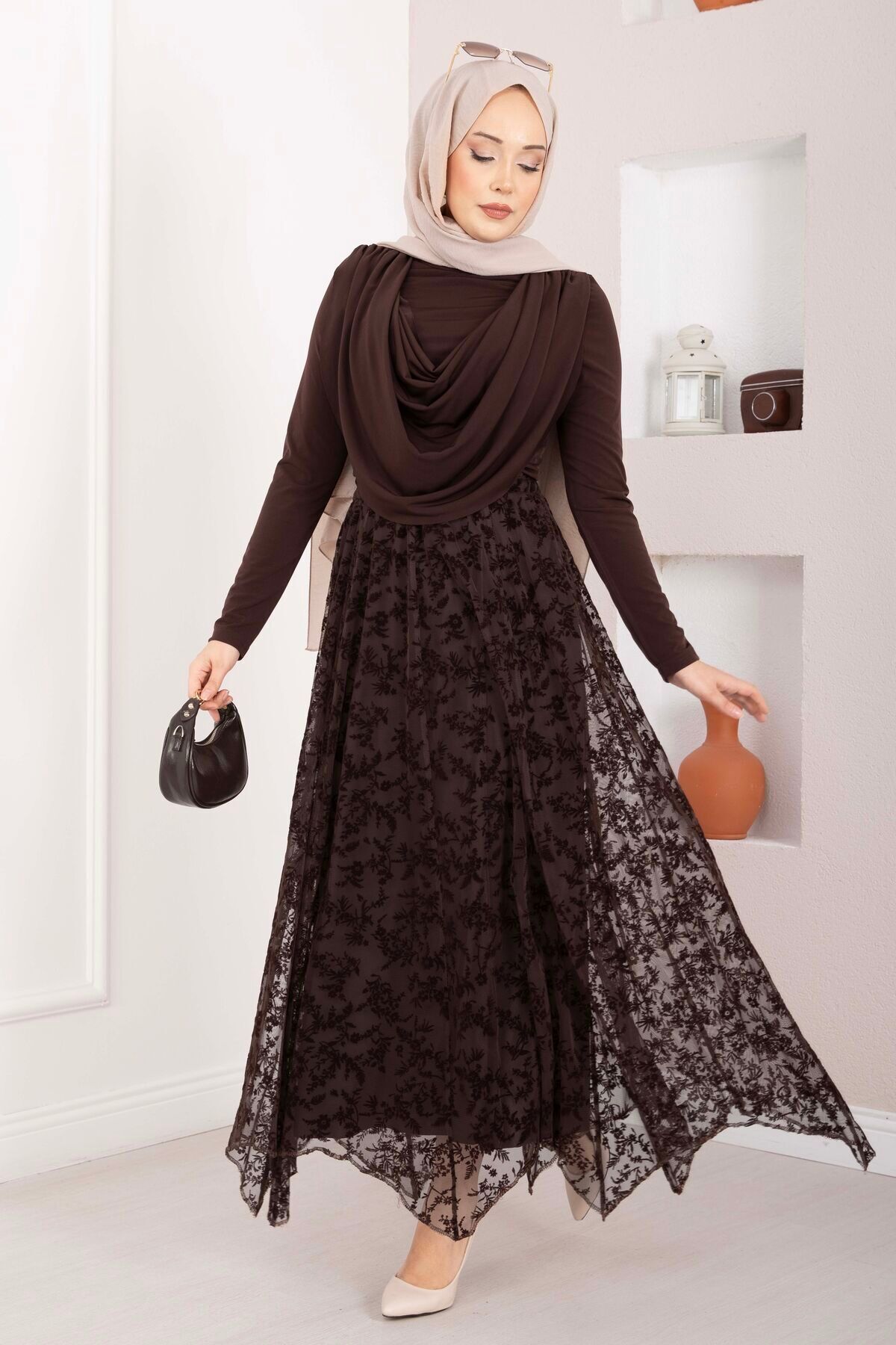 EBRUTESETTÜR  Flok Baskılı Asimetrik Kesim Tül Etek Kahve - Görsel 4