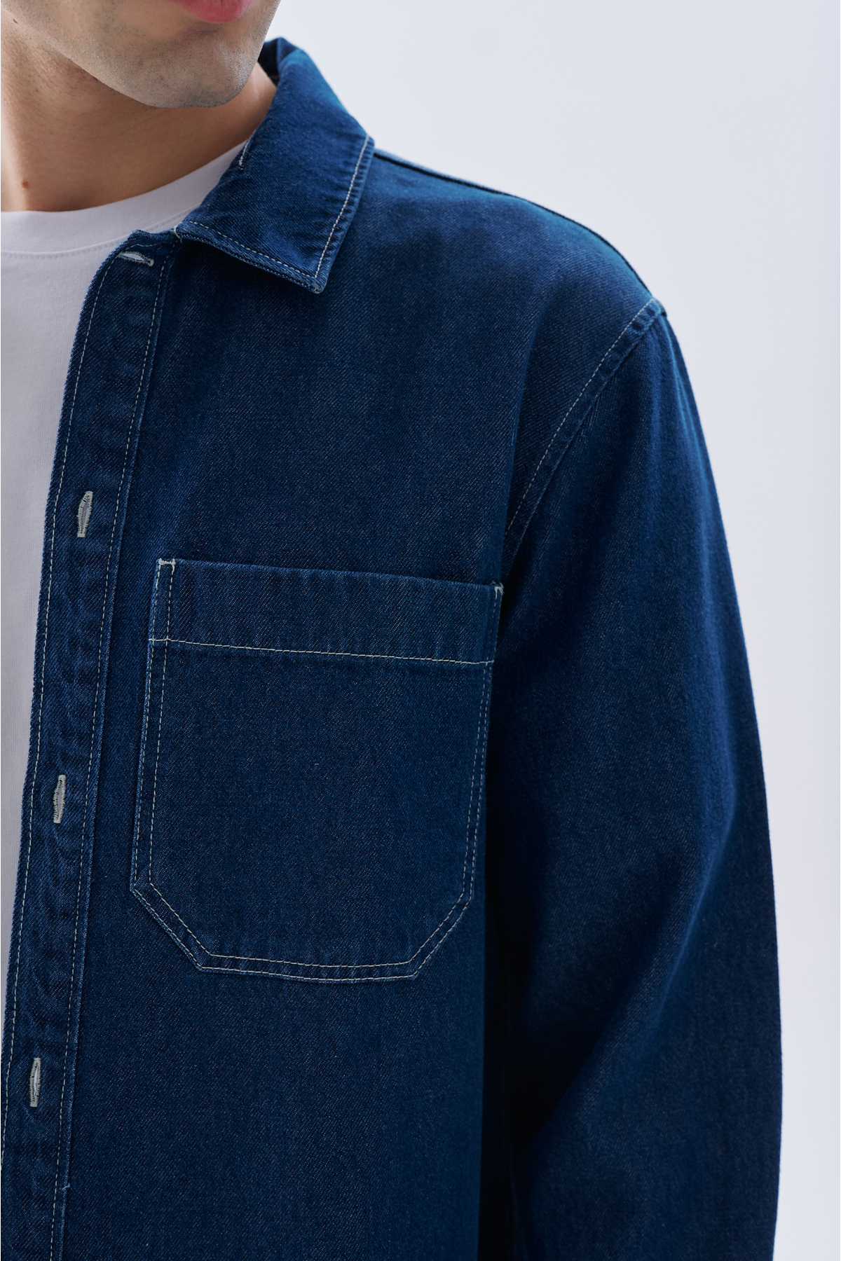 Mudo Erkek İndigo Regular Fit Çift Cepli Uzun Kollu Jean Gömlek görsel 3