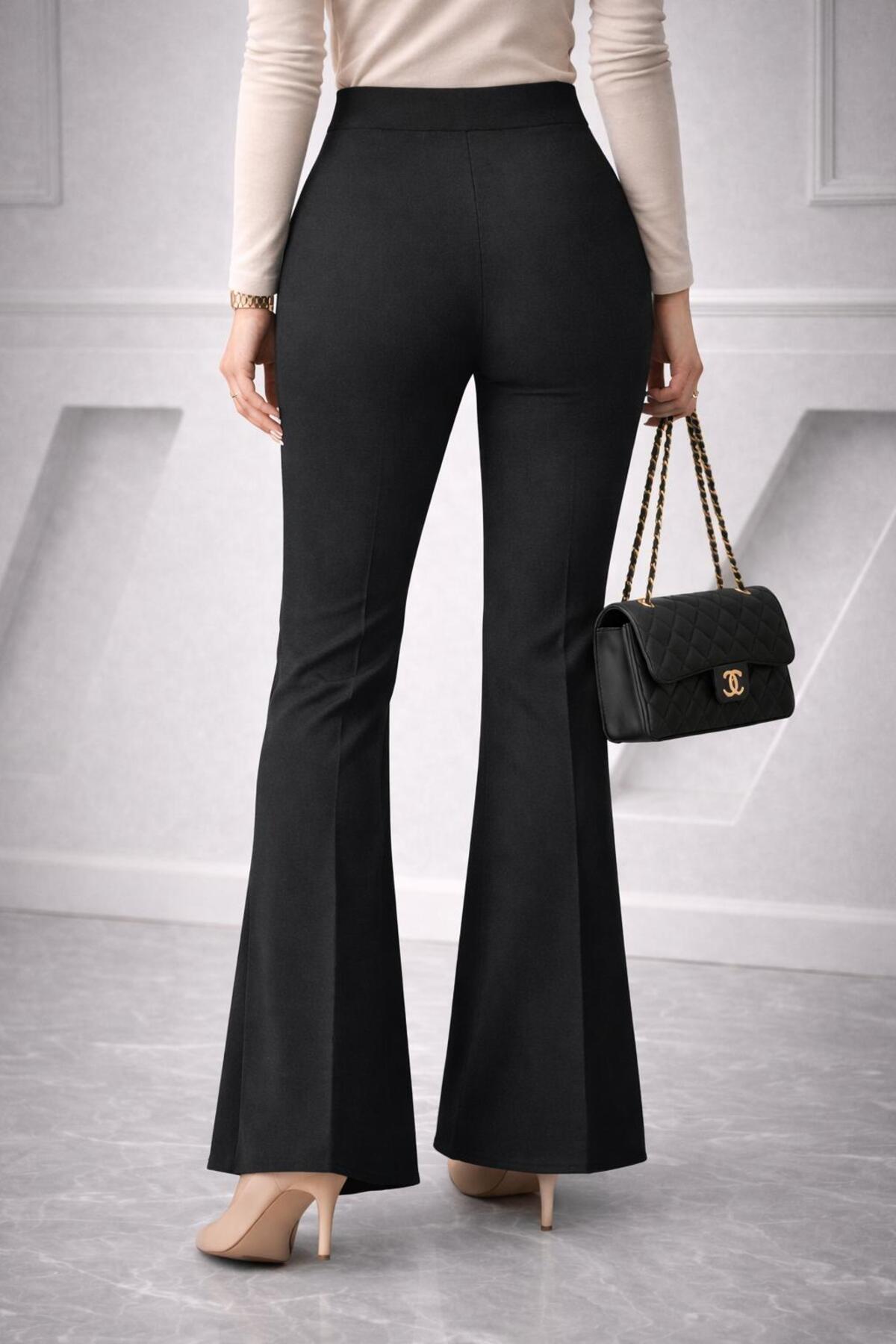 SMAEL  Kadın Siyah Yüksek Bel İspanyol Paça Taşlı Pantolon – Toparlayıcı Şık Model - Görsel 3