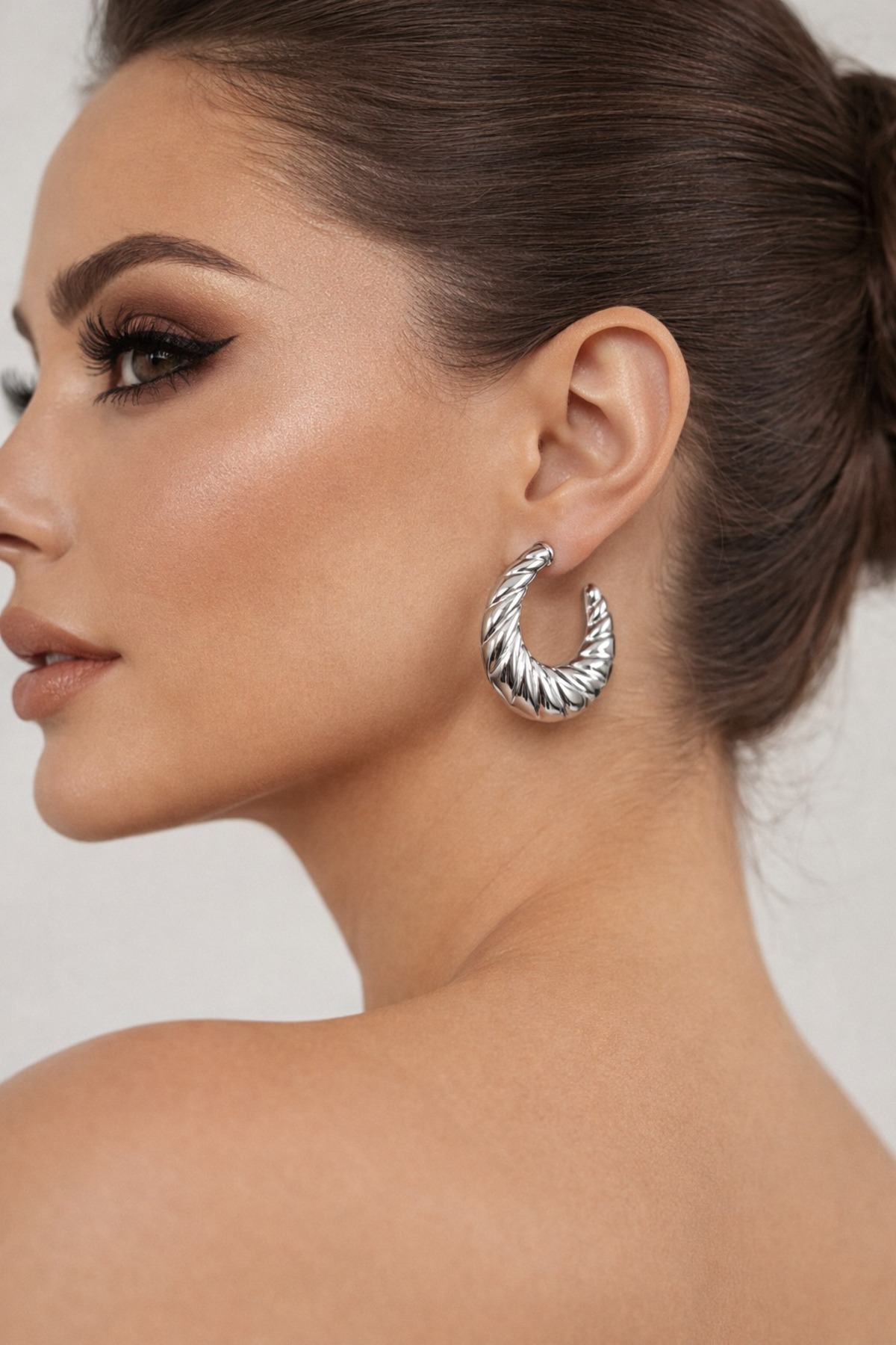 Noire Concept Women's White Color Steel Croissant Twist Ring Earrings