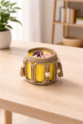 shop El Örmesi Hasır Kaplı Kavanoz Mum - Sarı Renk - 48 Saate Kadar Yanma Süresi