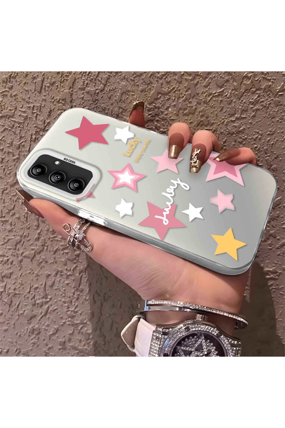 Samsung Galaxy A14 Compatible Colored stars Silicone Edge Hard Rear Anti Fall Phone Case