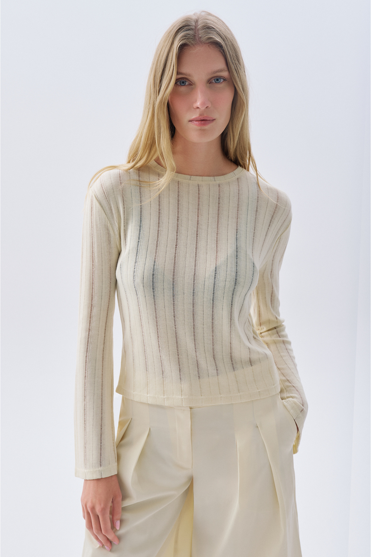 Mudo Women's Yellow Ribbed Long Sleeve Blouse