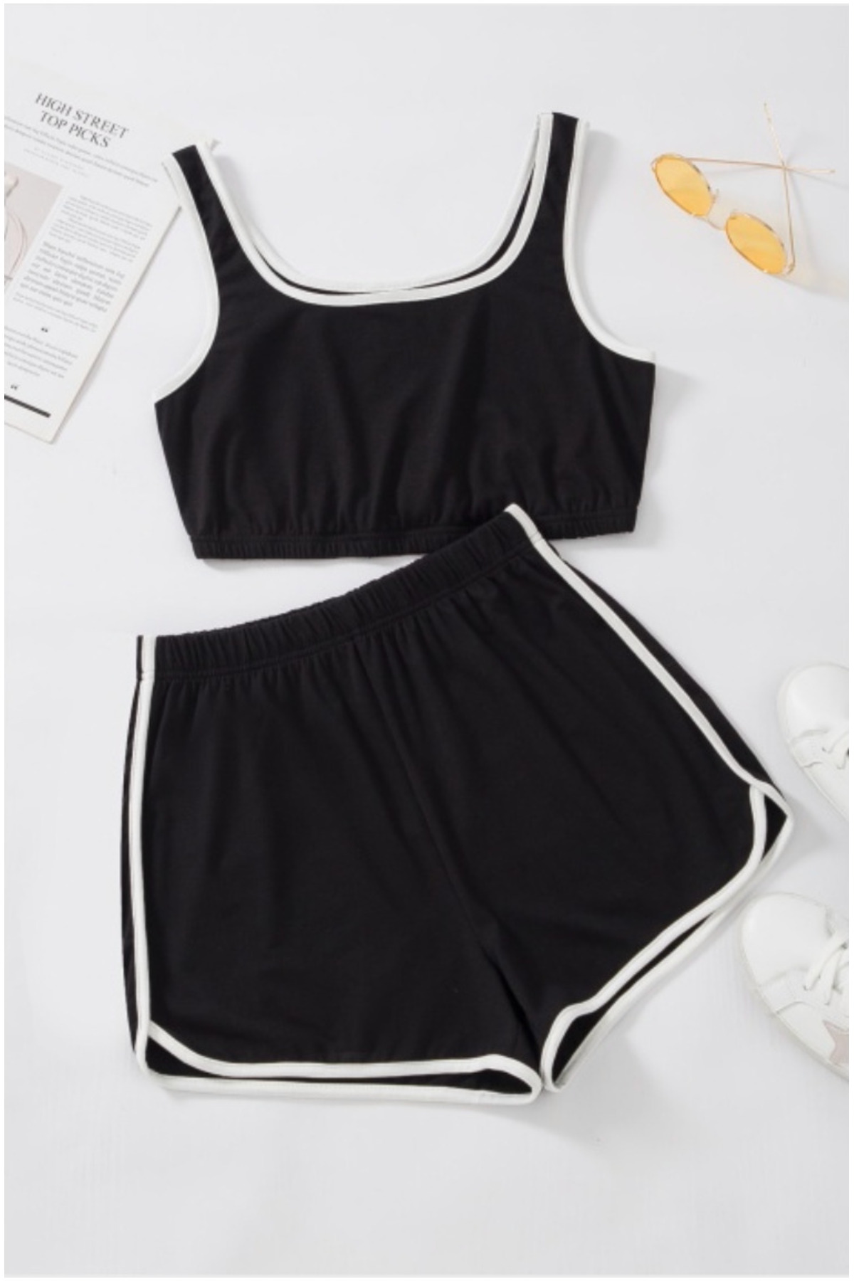 Vielove Kadın Siyah Askılı Crop Top Şortlu Gecelik Takım – 2’li Seti Ev Giyim