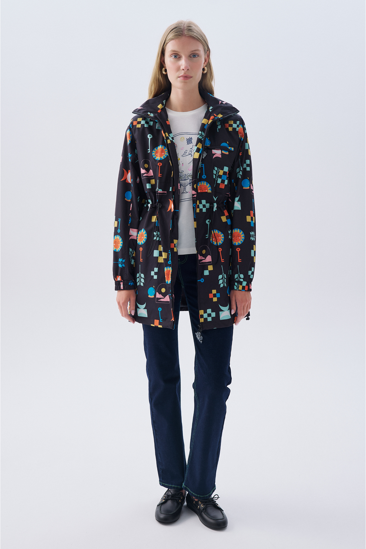 Mudo  DESENLİ ÇİFT FERMUARLI KAPÜŞONLU UZUN YAĞMURLUK - Görsel 4