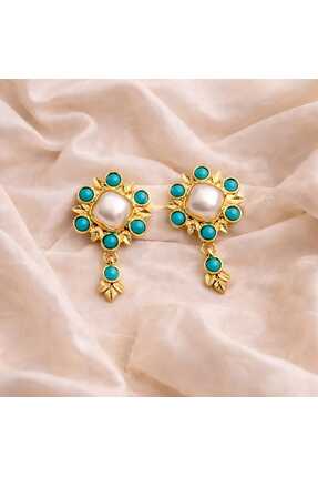 VogueaStyle Turkuaz & İnci Detaylı Gold Küpe