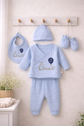 MERİWA Kişiye Özel İsim Nakışlı Müslim Bebek Hastane Çıkışı 5'li Set- %100 Pa...