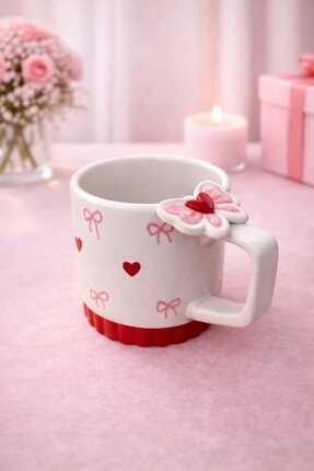 HİS Studio 3D Kalpli Fiyonk Detaylı El Yapımı Seramik Kupa | Çay & Kahve Fincanı