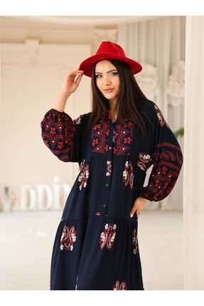 Cannes Tissa Kadın Nakış İşlemeli Dik Yaka Bohem Kırmızı Çizgili Lacivert Elbise