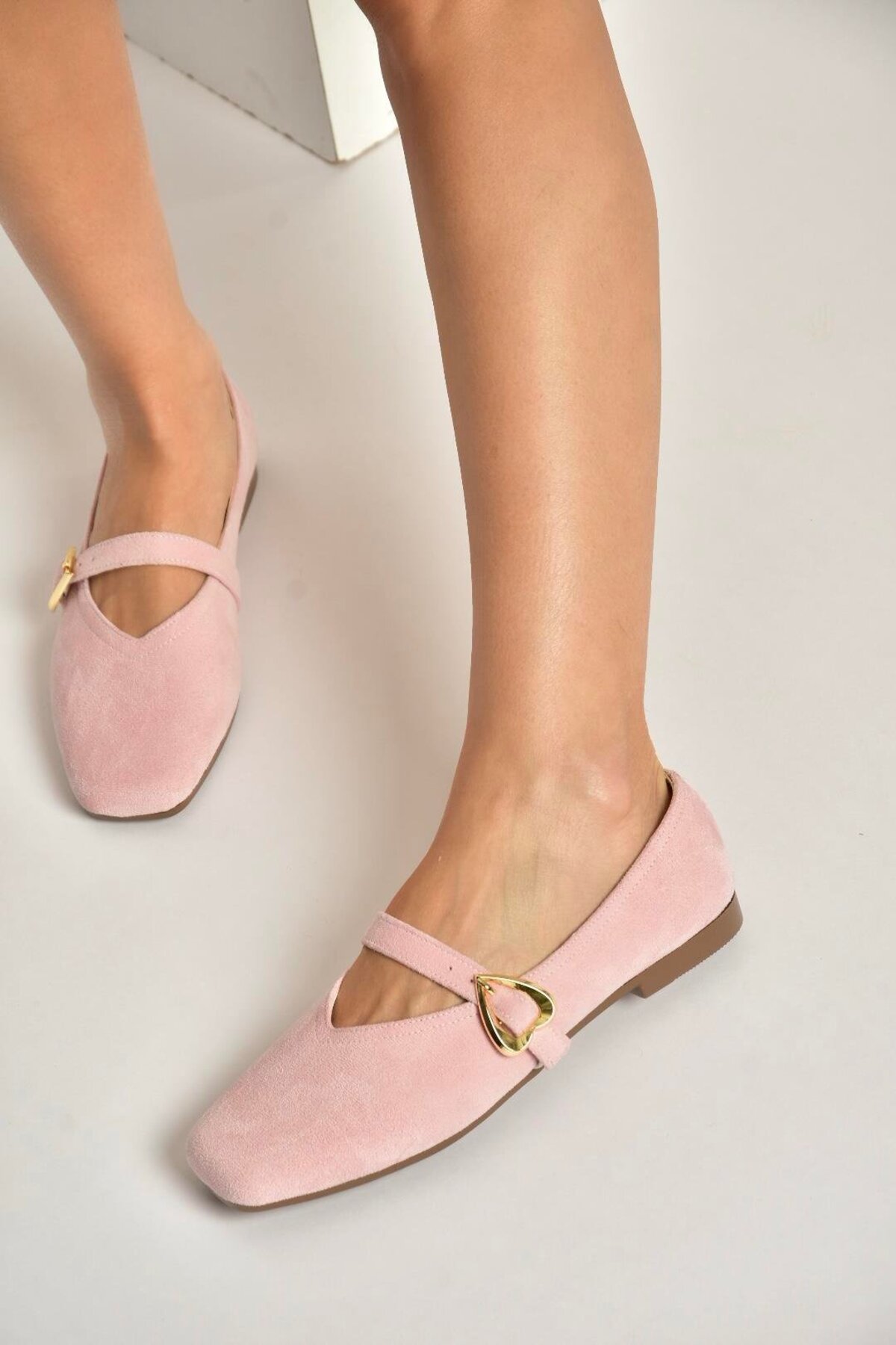 Fox Shoes  Y726632602 Pudra Süet Kalp Toka Detaylı Kadın Babet - Görsel 2