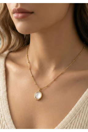 stainles steel Altın Kaplama Oval Beyaz Taşlı Kolye