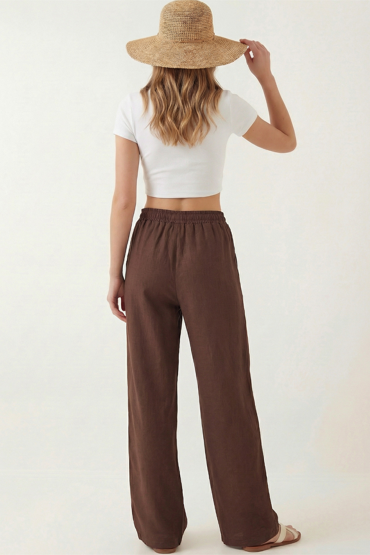 Veleno  Kadın Palazzo Pantolon Müslin Kahverengi Geniş Paça Yüksek Bel - Görsel 7