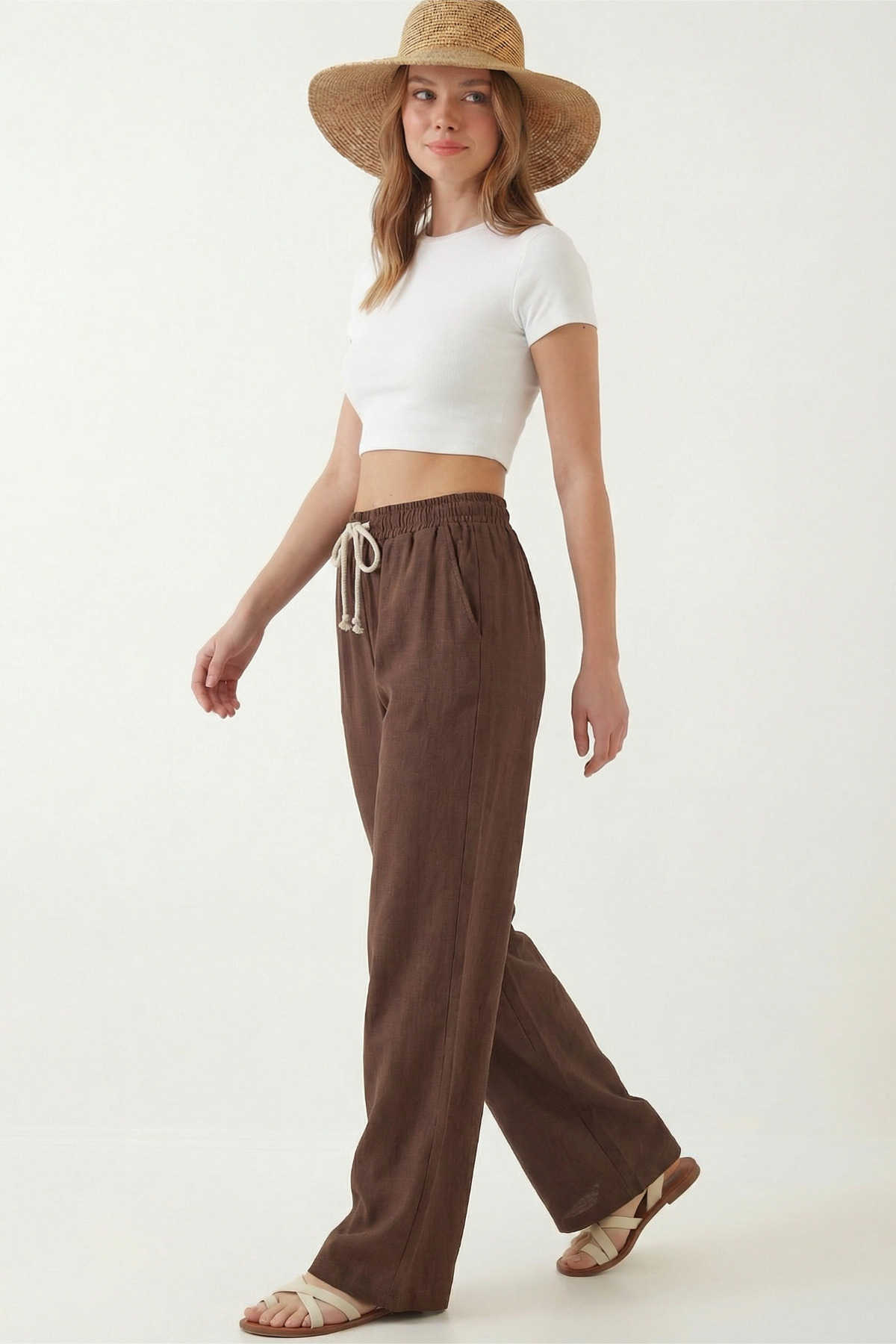 Veleno  Kadın Palazzo Pantolon Müslin Kahverengi Geniş Paça Yüksek Bel - Görsel 6