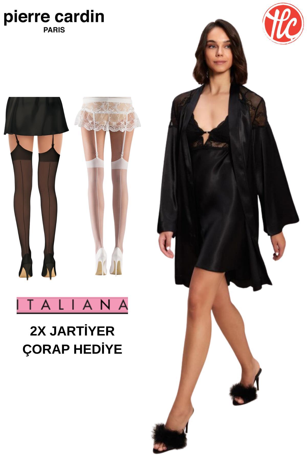 Pierre Cardin BüyükBeden Kadın 6'lı Saten Gecelik Şort Takım Gelin Çeyiz Set 2XJartiyer Çorap Hediye