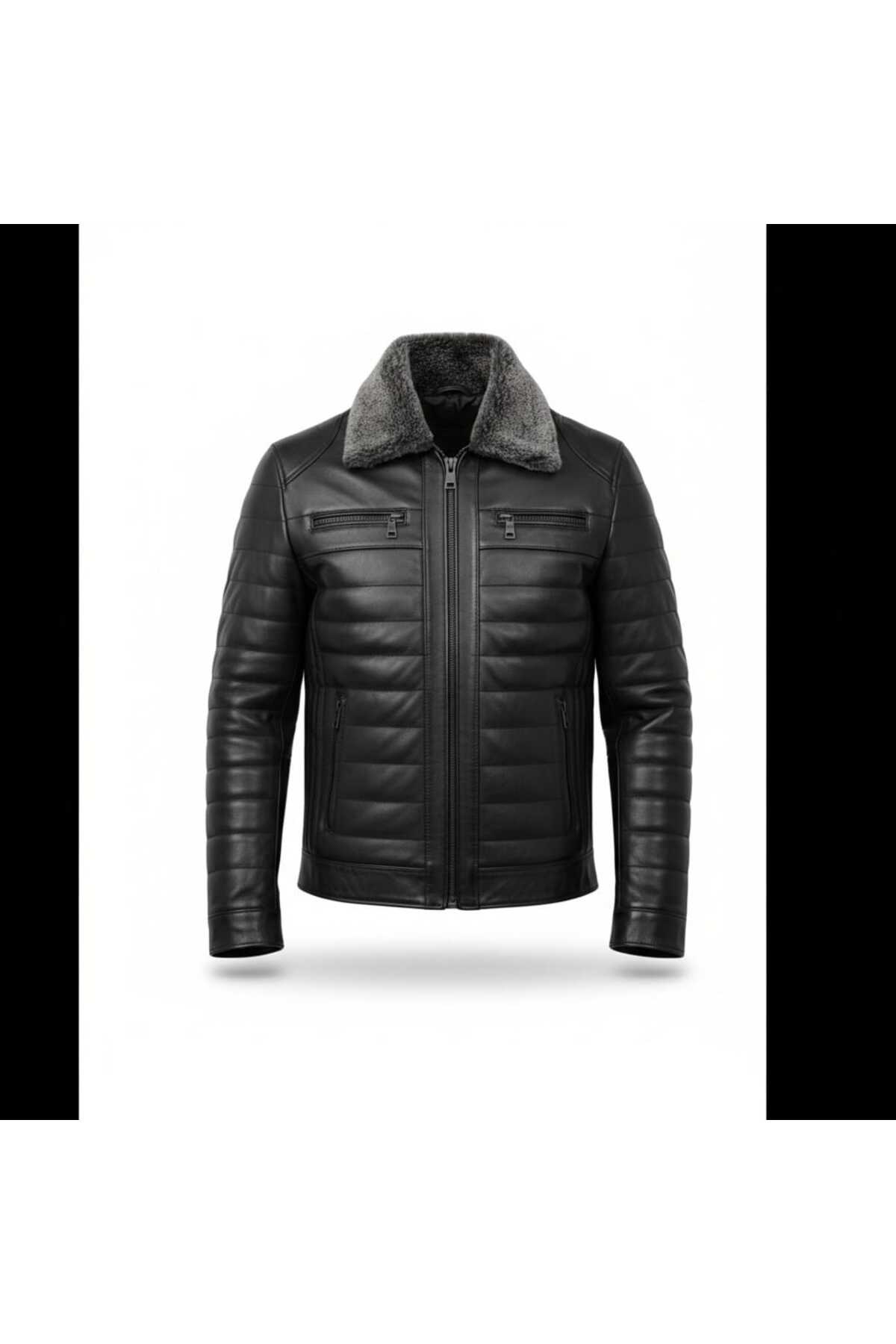 MODA  Erkek Siyah Yakası Çıkarılabilir Kürklü Fermuarlı İçi Astarlı Hakiki Deri Mont Ceket - Görsel 3