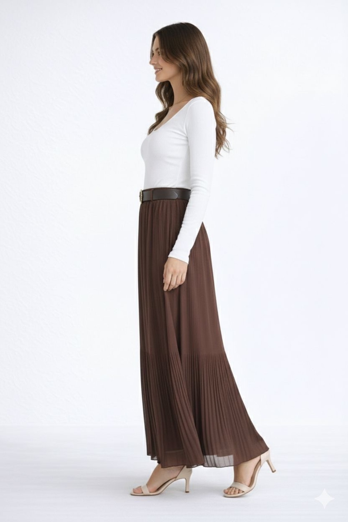 Wissi Life  Yeni sezon cift plise uzun içinde astarli kemerli kahve etek - Görsel 2