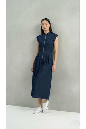 cemo Bel Dikiş Detaylı Fermuarlı Midi Elbise