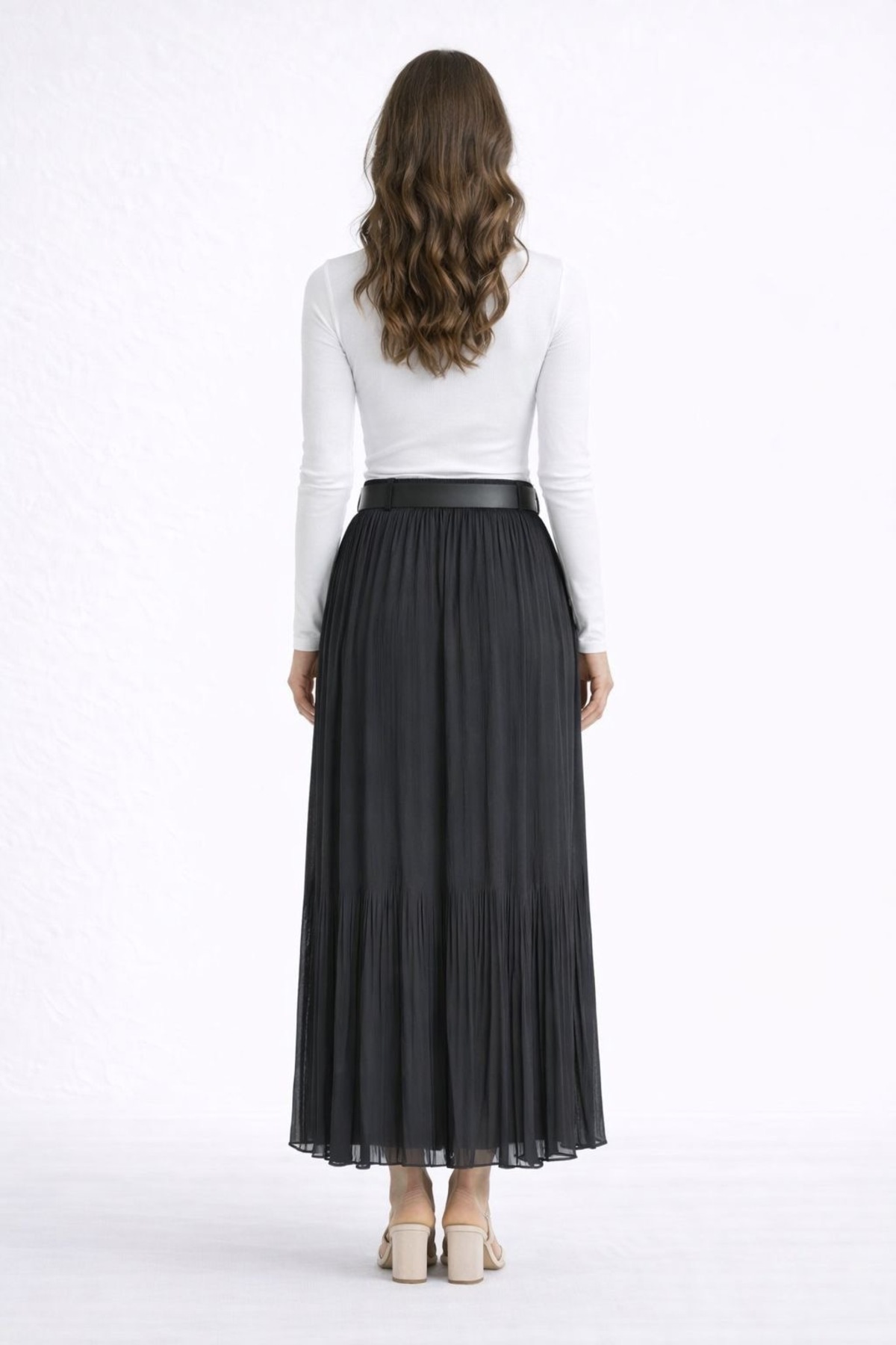 Wissi Life  Yeni sezon şifon cift pliseli uzun içinde astarli kemerli siyah etek - Görsel 3