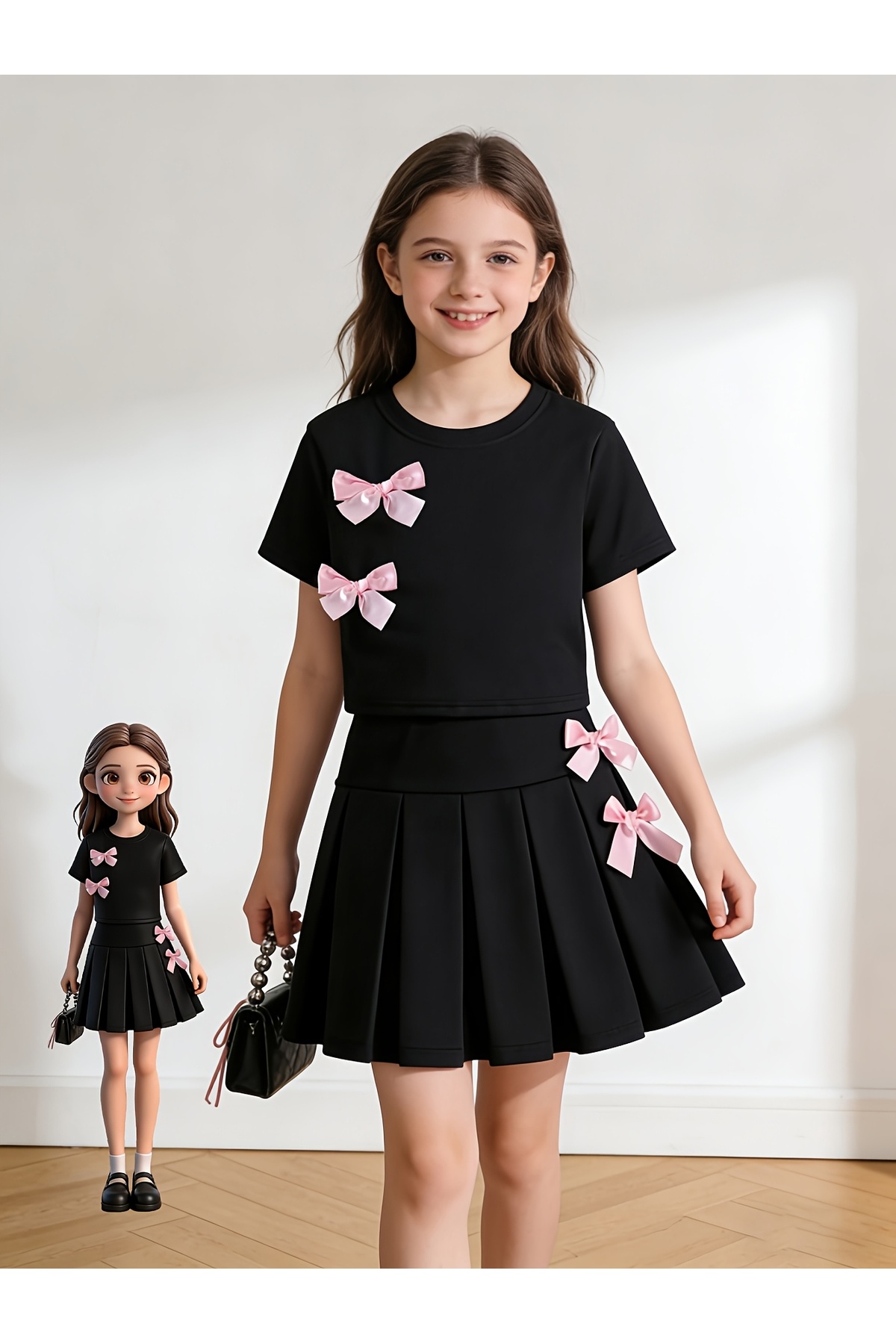 uyguntarz Kelebek Detaylı Kız Çocuk 2’li Tişört Pileli Etek Takım fotoğrafı 7 (önizleme)