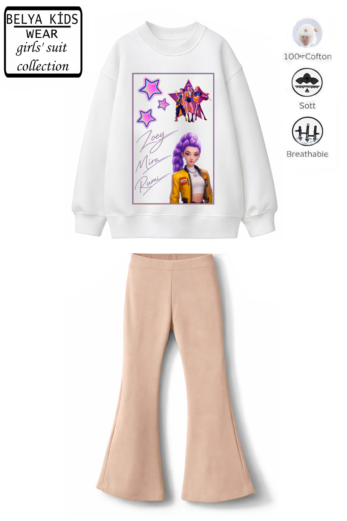 Belya Kids Wear Set pentru fete K-Pop HUN0124, din bumbac cu 3 fire, fără tăl...