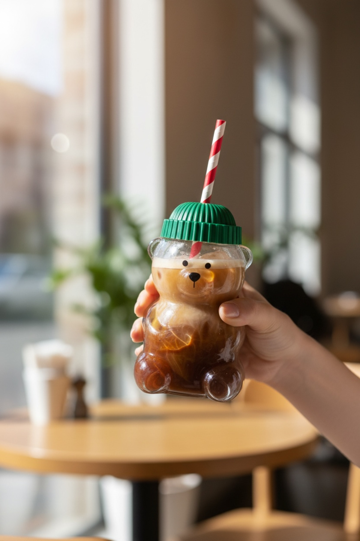 Teddy Bear Ayıcıklı Yeşil Şapka Kapaklı Kırmızı Pipetli Barista Cam Bardak/ Ayıcıklı Fenomen Bardak