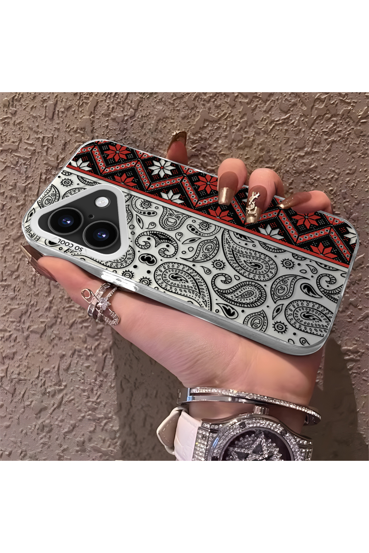 iPhone 16 Compatible Rug Patterned Silicone Edge Hard Back Anti Fall Phone Case