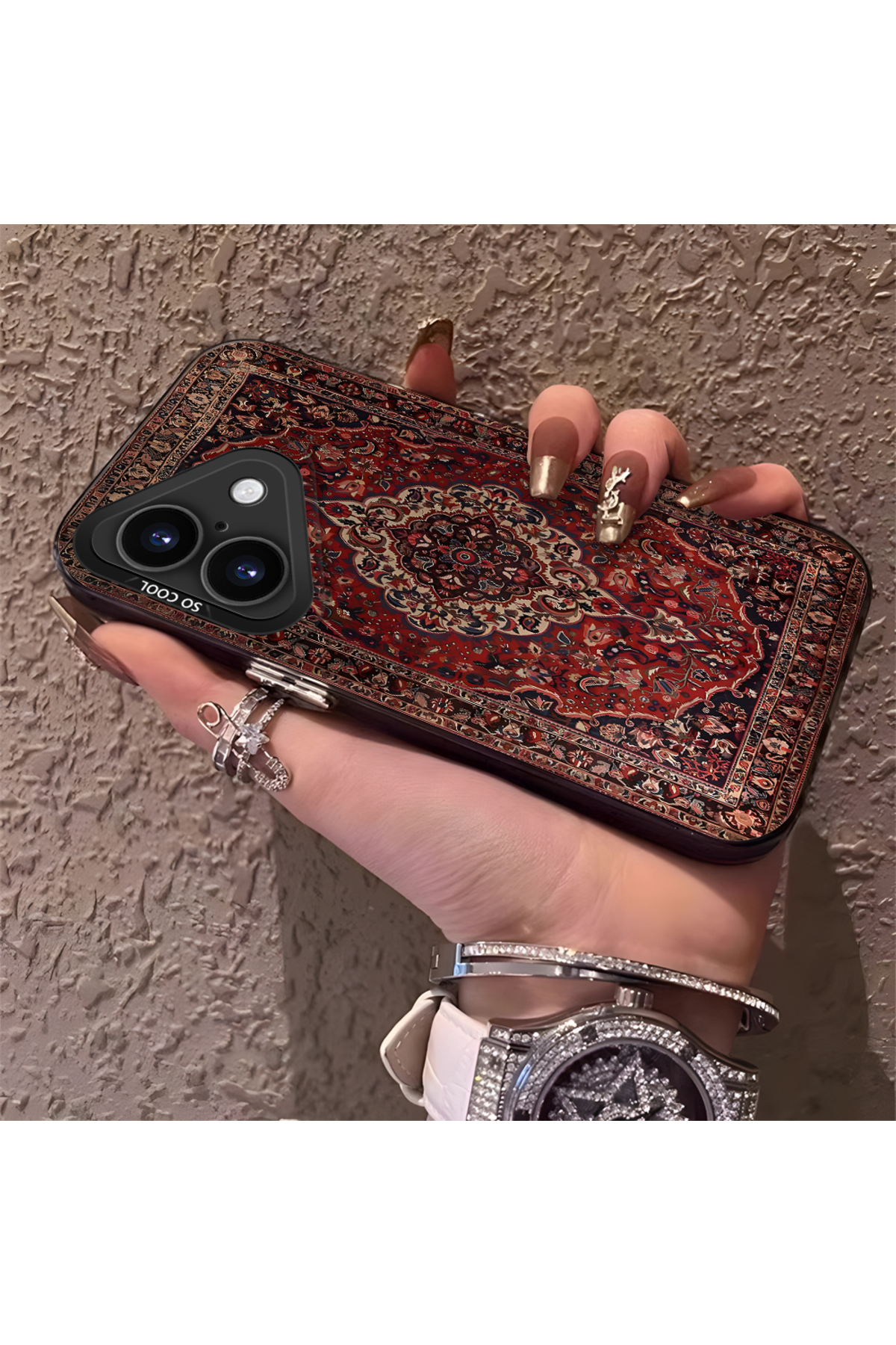 iPhone 16 Compatible Rug Patterned Silicone Edge Hard Back Anti Fall Phone Case